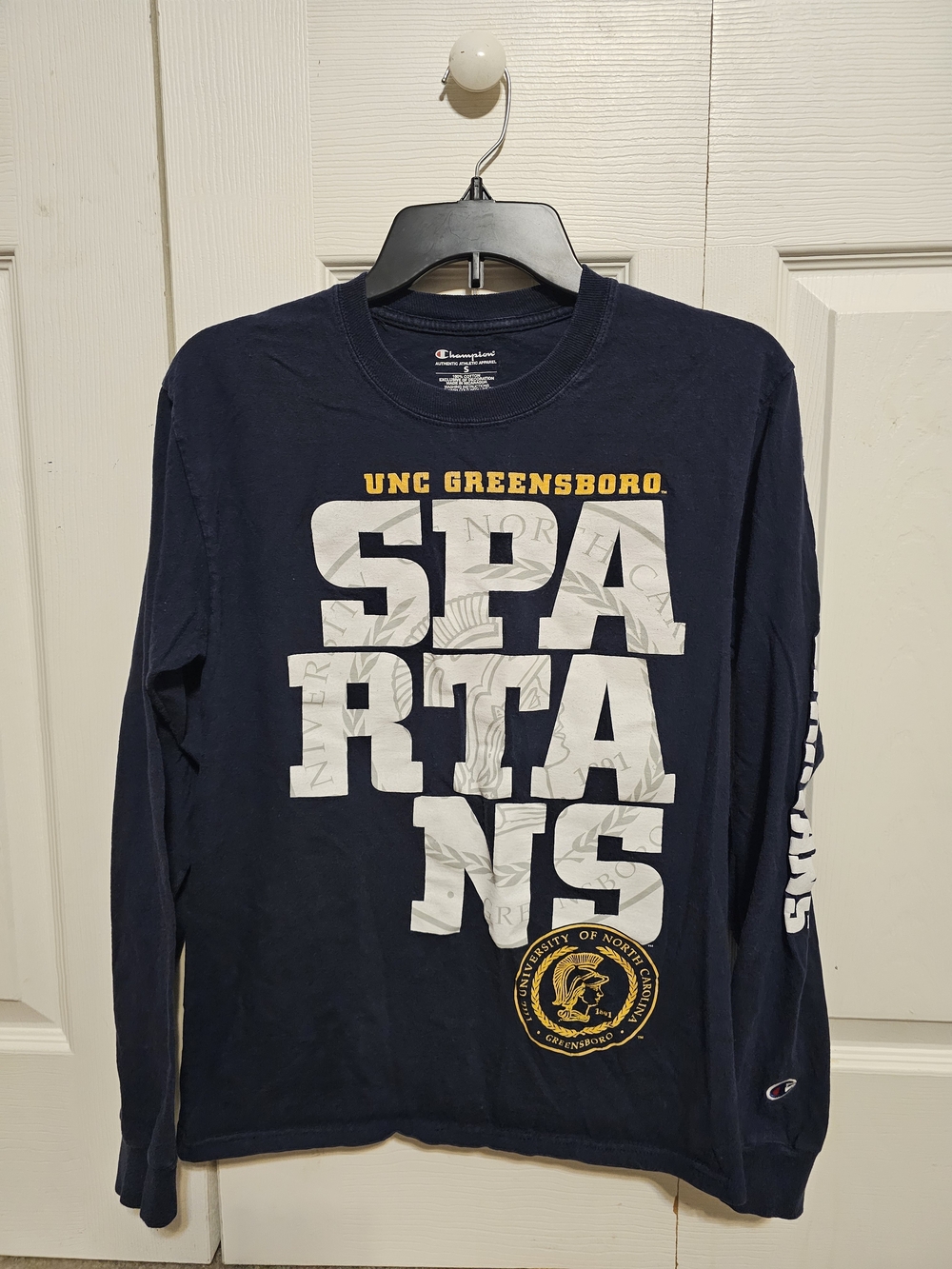 Champion Navy UNC Greensboro Spartans Long Sleeve Tee with White Graphics